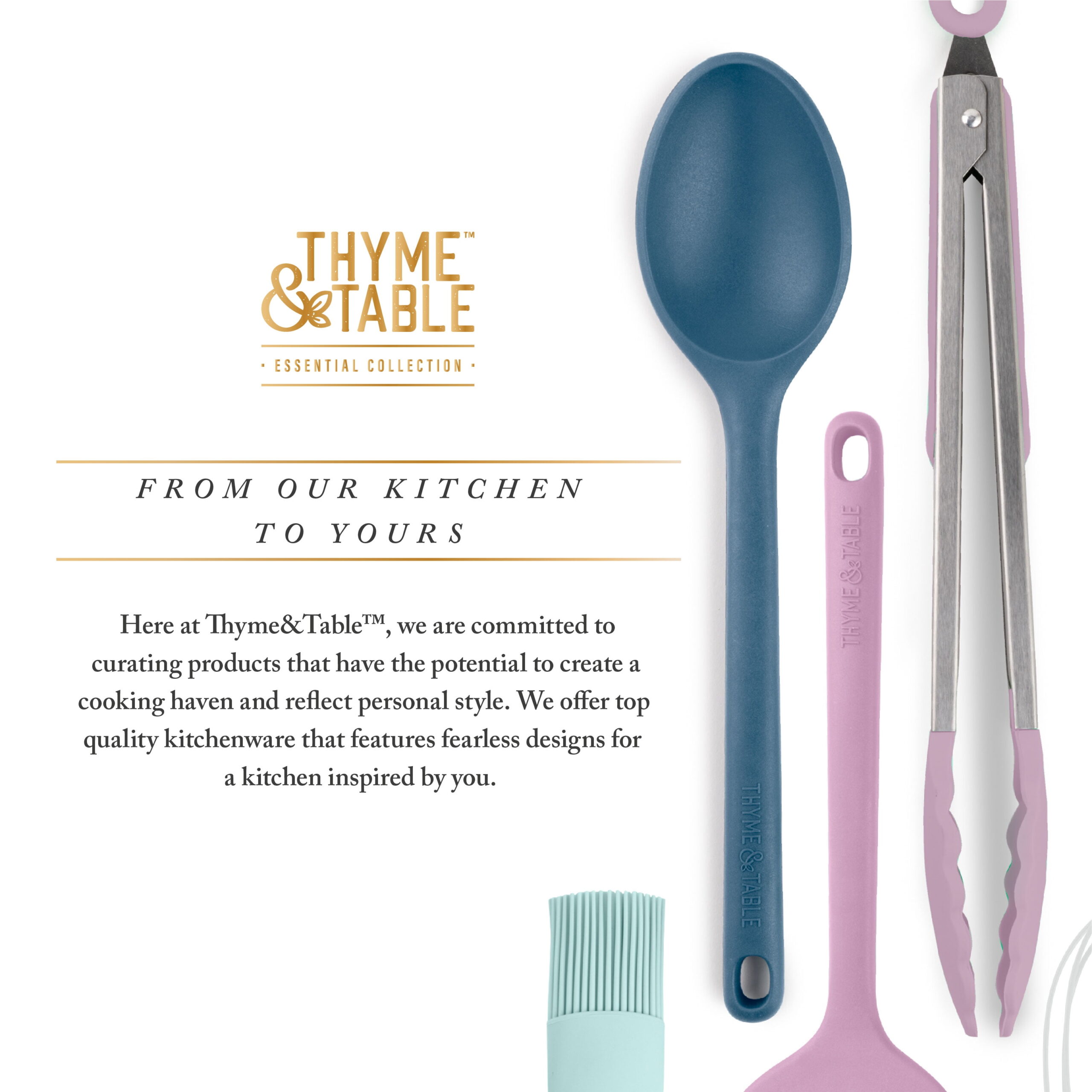 Thyme & Table Silicone Utensils, 5-Piece Set, Tongs, Basting Brush, Spatula, Turner, Spoon - Image 3