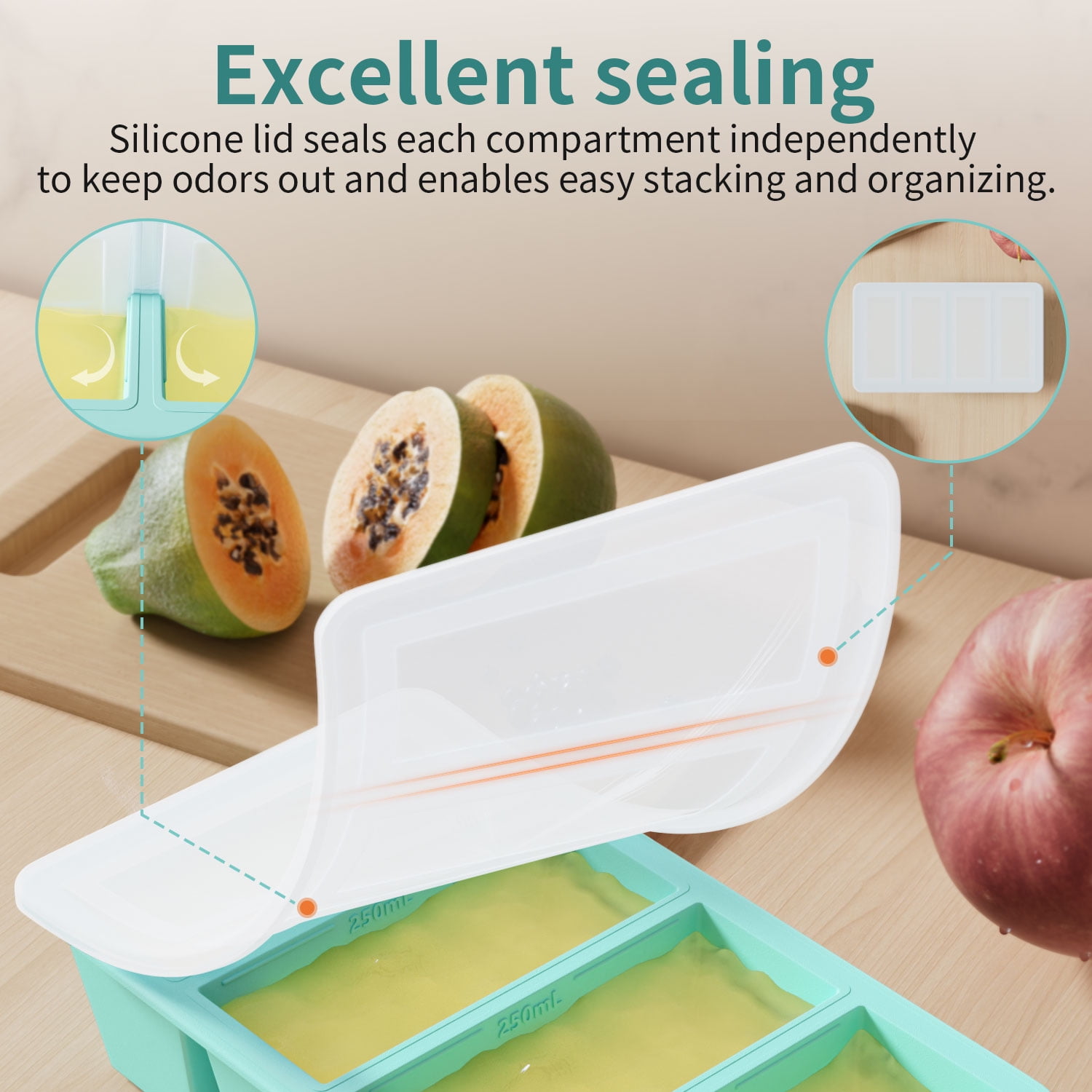 TINANA Silicone Freezer Tray with Lid 2 Pack, 1 Cup Freezing Food Molds, Make Perfect Soups, Extra Large Ice Cubes for Meal Prep, Sauces, Soups, Stews, Broths, Oven and Dishwasher Safe-Aqua - Image 2