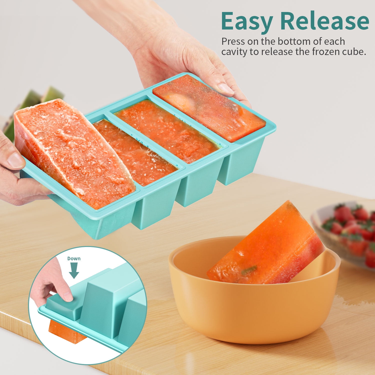 TINANA Silicone Freezer Tray with Lid 2 Pack, 1 Cup Freezing Food Molds, Make Perfect Soups, Extra Large Ice Cubes for Meal Prep, Sauces, Soups, Stews, Broths, Oven and Dishwasher Safe-Aqua - Image 4