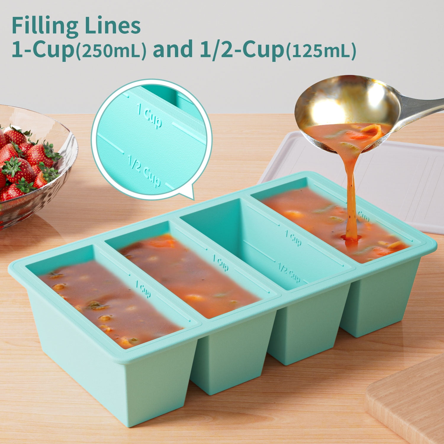TINANA Silicone Freezer Tray with Lid 2 Pack, 1 Cup Freezing Food Molds, Make Perfect Soups, Extra Large Ice Cubes for Meal Prep, Sauces, Soups, Stews, Broths, Oven and Dishwasher Safe-Aqua - Image 5