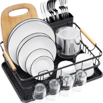 TOOLF Dish Drying Rack, Removable Utensil Holder, Organizer for Kitchen Counter, Black, Metal
