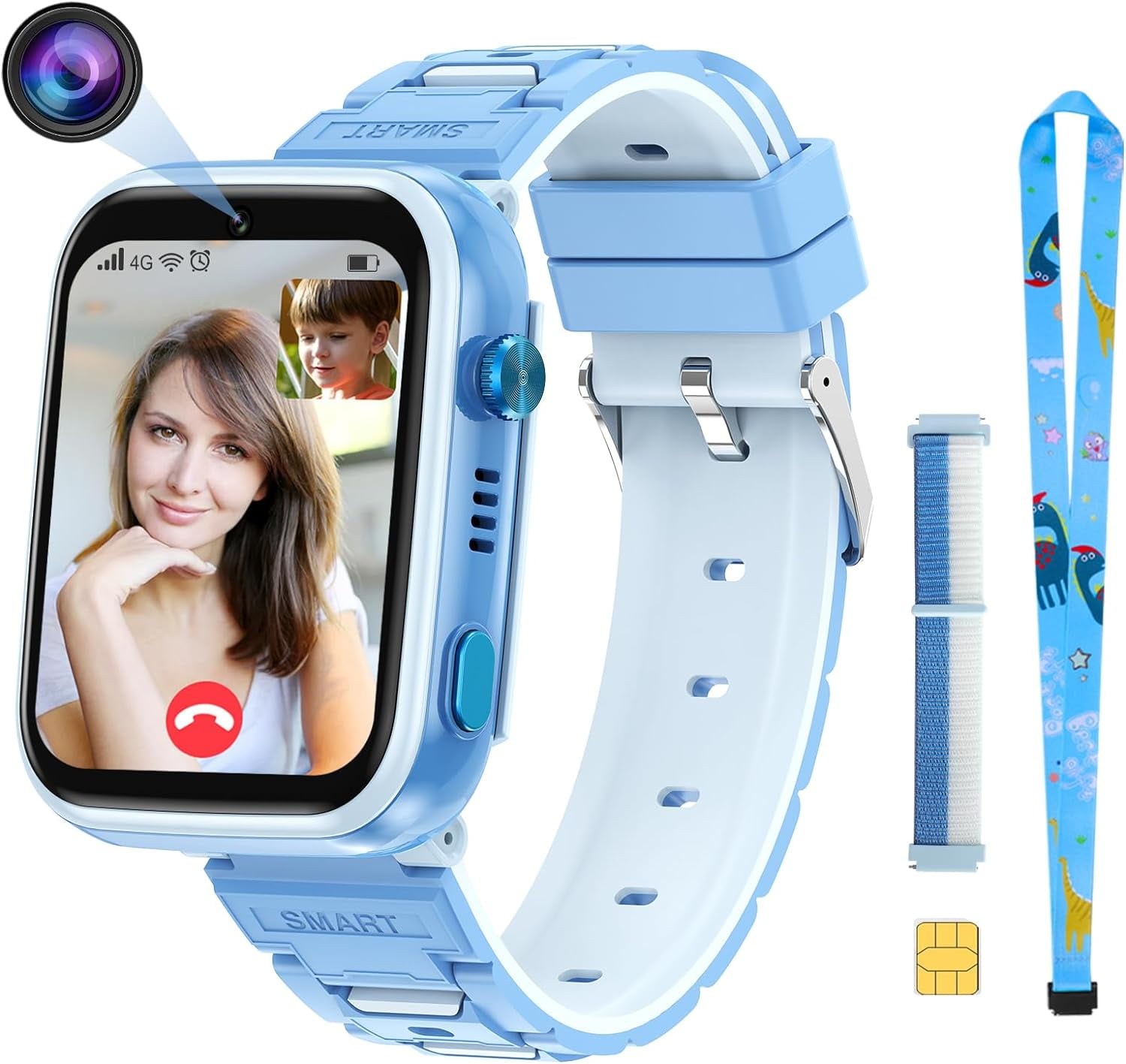 TOPCHANCES 4G Kids Smart Watch, Kids Cell Phone Watch with GPS Tracker, 2-way Calling, SMS, Voice, Video, Face Unlock Function, Touch Screen Smart Watch for Boys Girls 3-15 (Blue)