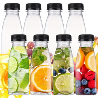 Topekada 8 Pcs 8.79 OZ Empty Plastic Juice Bottles with Lids, Reusable Drink Containers with Brush and Labels, Clear Bulk Juice Containers with Caps for Juicing, Smoothie and Other Beverages