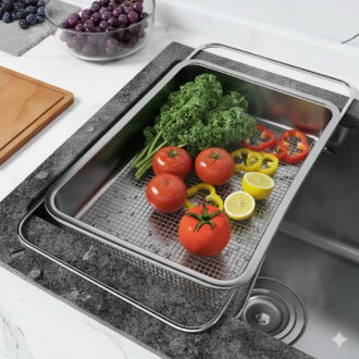 TRBCREATION Large Adjustable Over-the-Sink Expandable Dish Drying Rack with Stainless Steel Drain Basket, Telescopic Space-Saving Kitchen Organizer for Fruits & Vegetables