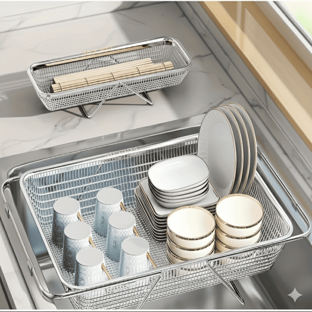 TRBCREATION Large Adjustable Over-the-Sink Expandable Dish Drying Rack with Stainless Steel Drain Basket, Telescopic Space-Saving Kitchen Organizer for Fruits & Vegetables - Image 4