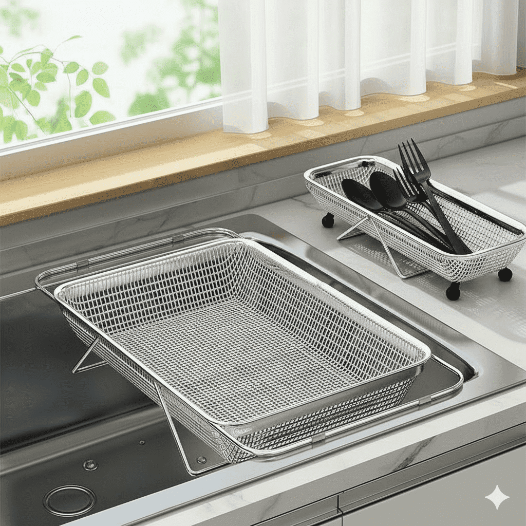 TRBCREATION Large Adjustable Over-the-Sink Expandable Dish Drying Rack with Stainless Steel Drain Basket, Telescopic Space-Saving Kitchen Organizer for Fruits & Vegetables - Image 5