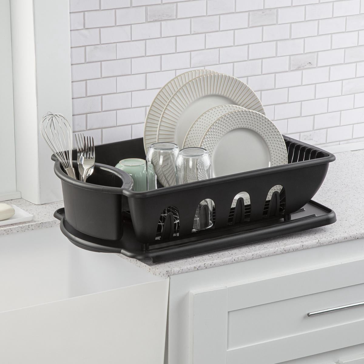 Tribello Sink Dish Drying Rack, Heavy Duty Hard Plastic Drying Rack, Dish Drainer for Kitchen Counter with Drainboard Set, with Silverware Holder - 18 x 13 x 6 (Black) - Made in USA - Image 3