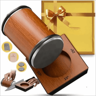 Tumbler rolling knife sharpener kit with leather strop & 2 diamond disks, complete manual system with sharpening guide.