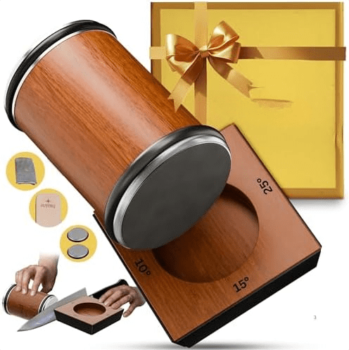 Tumbler rolling knife sharpener kit with leather strop & 2 diamond disks, complete manual system with sharpening guide.