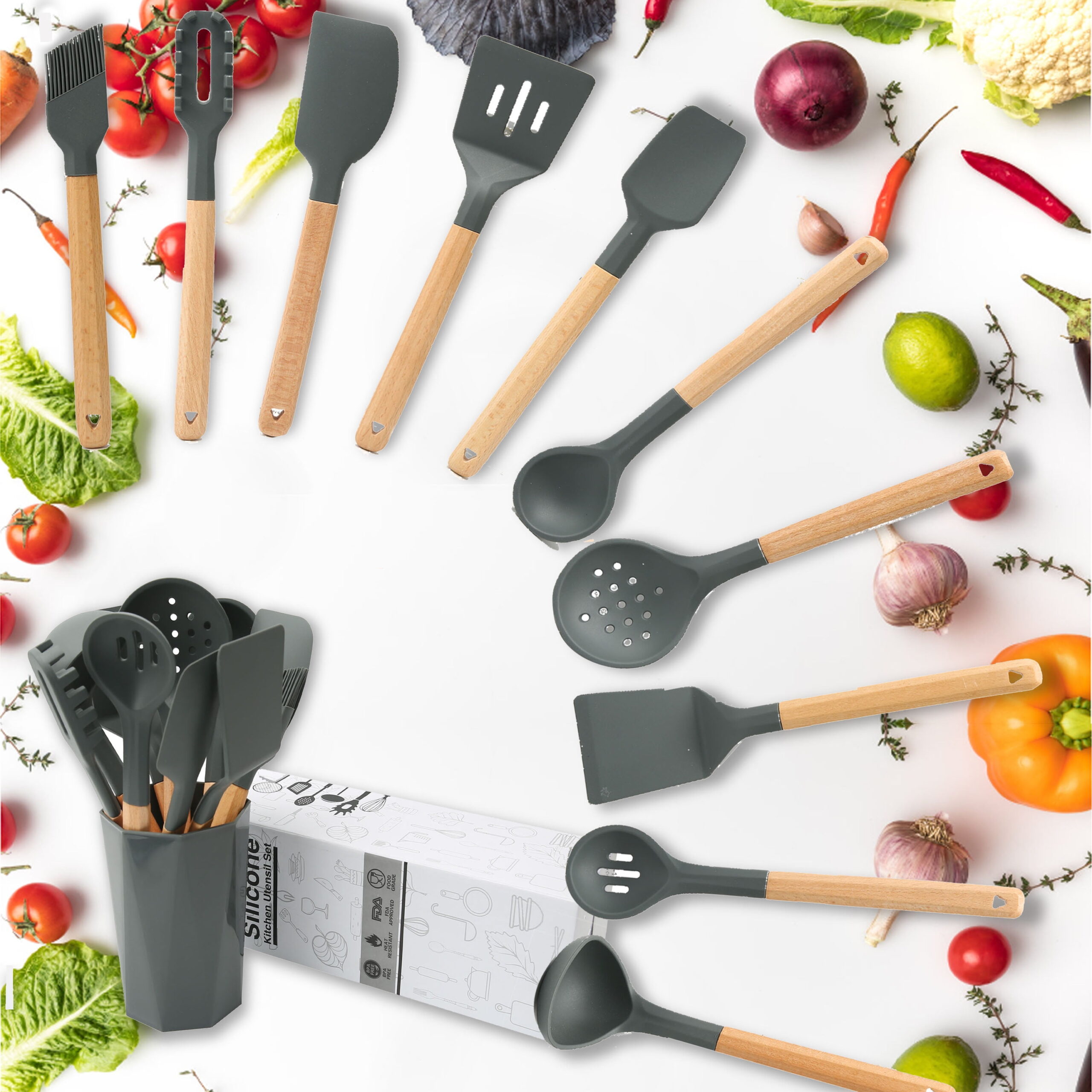 Utensil Set Kitchen Utensils 11 Pcs Kitchen Utensils Sets with Holder, Kitchen Utensils Gadgets, Grey Kitchen Accessories, BPA-Free, Kitchen Utensil Spatula Set Heat Resistant Kitchen, Gray