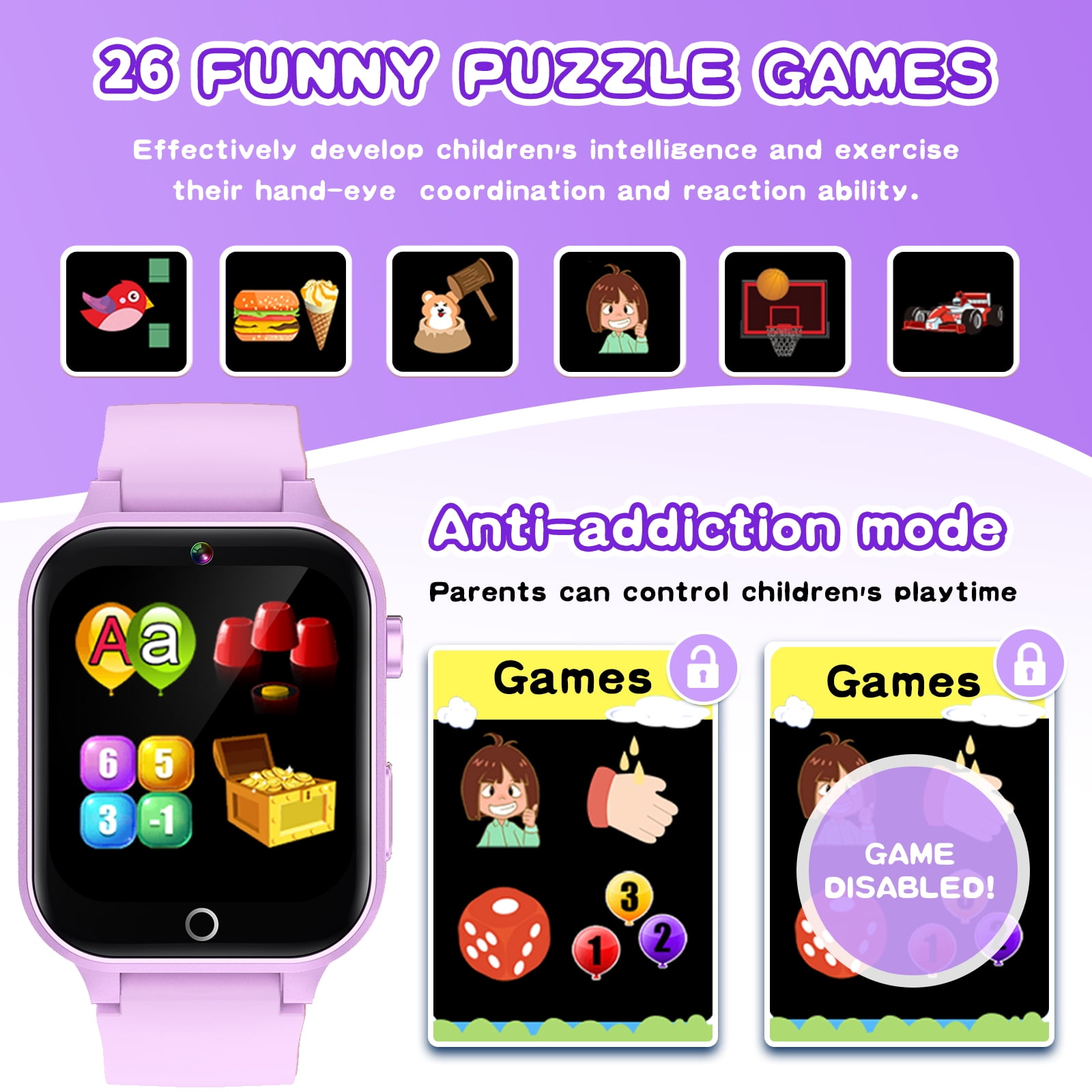 Vakzovy 1.54" Smart Watch for Girls Smart Watch for Kids with Camera Games Pedometer Video MP3 Flashlights Calculator Alarm Clock Children Touch Screen Purple - Image 2