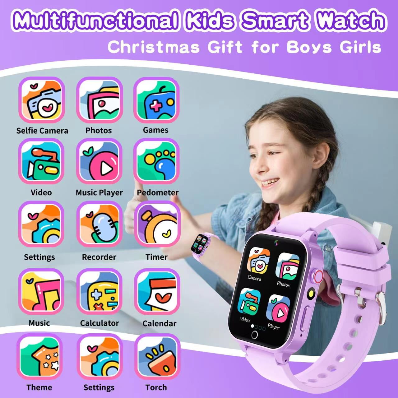 Vakzovy 1.54" Smart Watch for Girls Smart Watch for Kids with Camera Games Pedometer Video MP3 Flashlights Calculator Alarm Clock Children Touch Screen Purple - Image 5