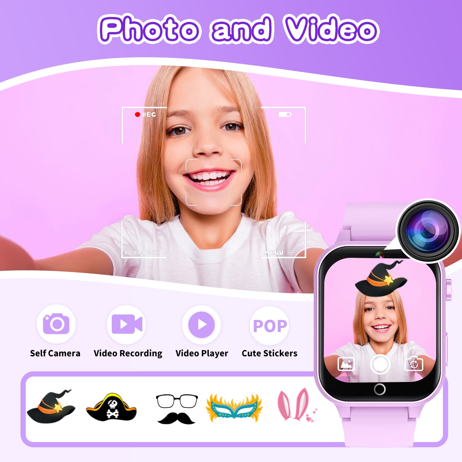 Vakzovy 1.54" Smart Watch for Girls Smart Watch for Kids with Camera Games Pedometer Video MP3 Flashlights Calculator Alarm Clock Children Touch Screen Purple - Image 3