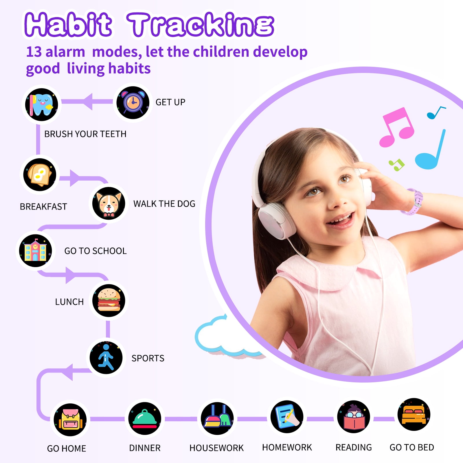 Vakzovy 1.54" Smart Watch for Girls Smart Watch for Kids with Camera Games Pedometer Video MP3 Flashlights Calculator Alarm Clock Children Touch Screen Purple - Image 4