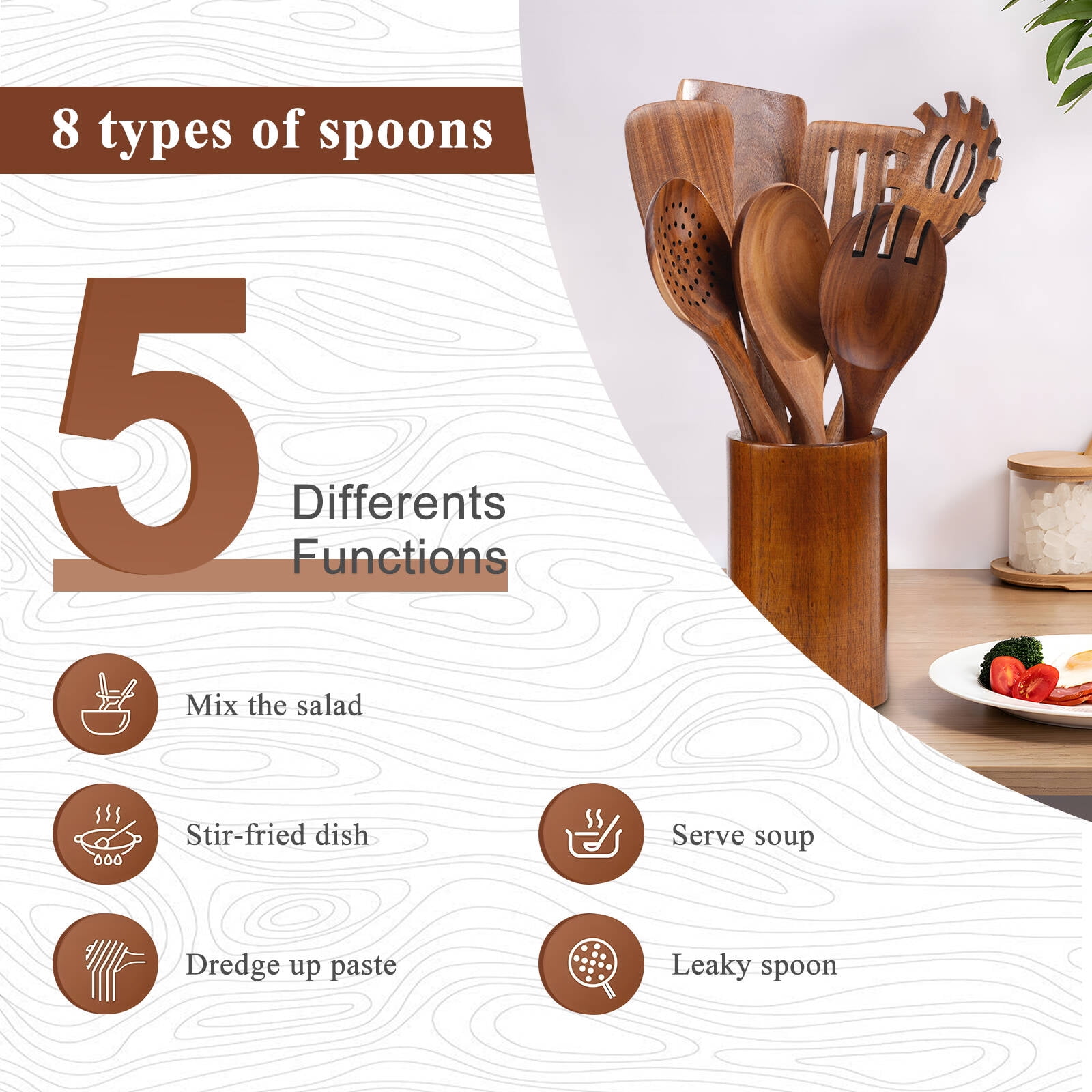 VAVSEA Thick Wooden Spoons for Cooking, 8 Pcs Natural Wooden Utensil for Cooking with Non-Stick, Heat Resistant, Wood Kitchen Utensil Set - Image 3