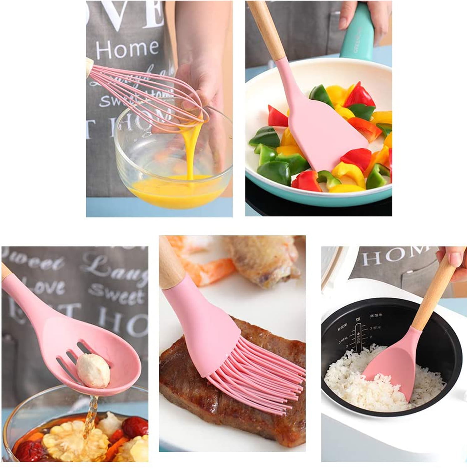 VIVAYO Silicone Cooking Utensil Kitchen Utensils Set, 12 Pieces Silicone Kitchen Utensil Wooden Handles, Kitchen Spatula Sets with Holder Spoon Turner Tongs, Pink - Image 2