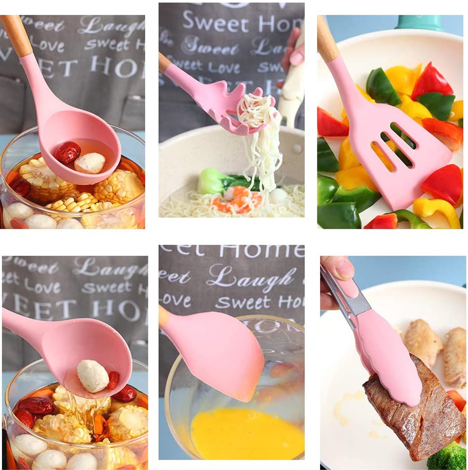 VIVAYO Silicone Cooking Utensil Kitchen Utensils Set, 12 Pieces Silicone Kitchen Utensil Wooden Handles, Kitchen Spatula Sets with Holder Spoon Turner Tongs, Pink - Image 3