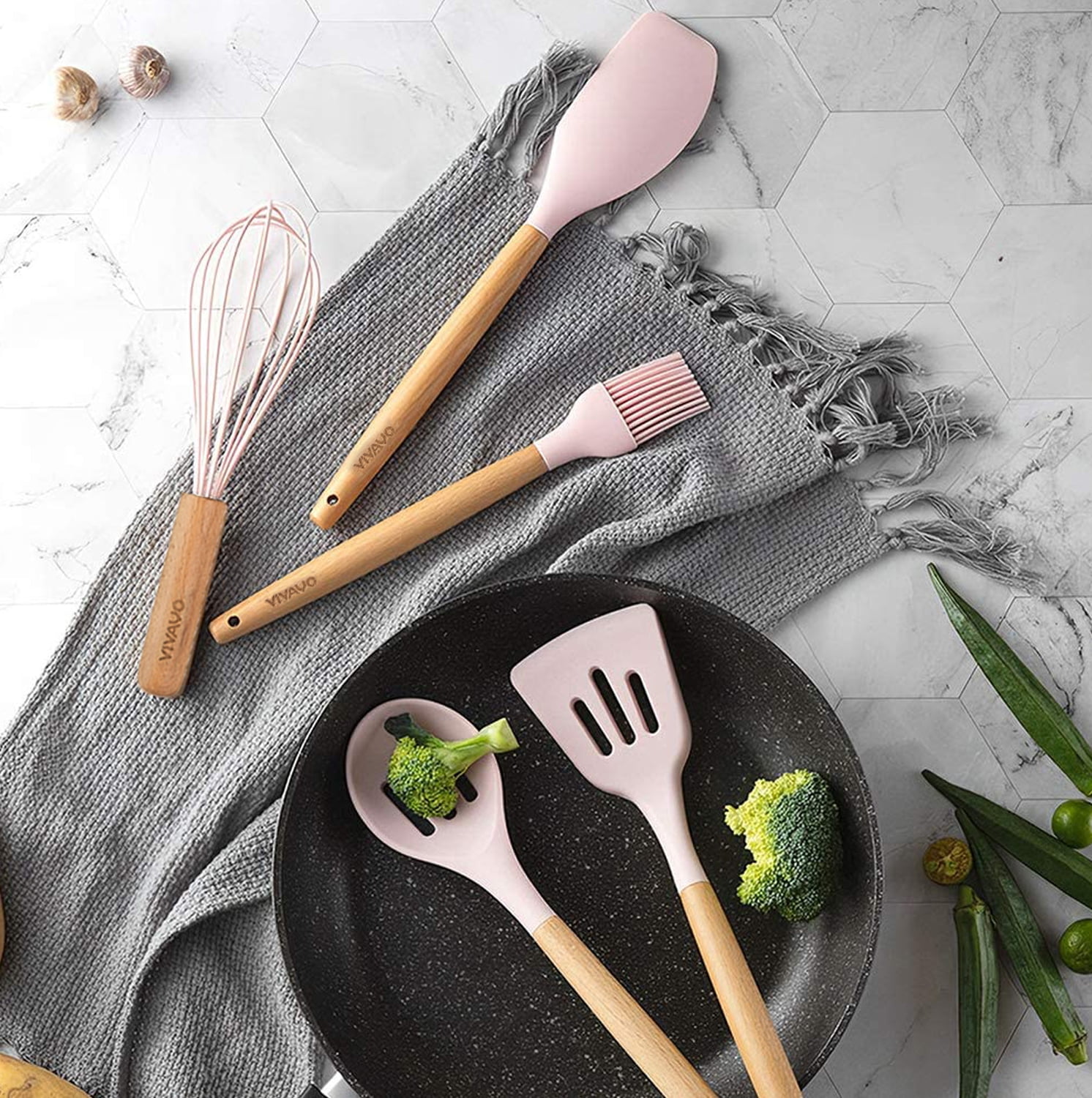 VIVAYO Silicone Cooking Utensil Kitchen Utensils Set, 12 Pieces Silicone Kitchen Utensil Wooden Handles, Kitchen Spatula Sets with Holder Spoon Turner Tongs, Pink - Image 5