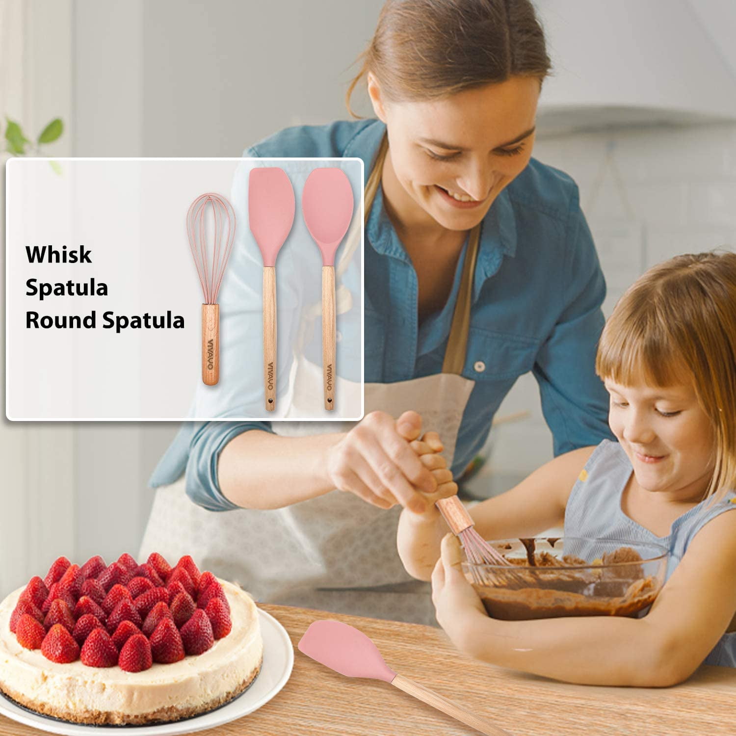 VIVAYO Silicone Cooking Utensil Kitchen Utensils Set, 12 Pieces Silicone Kitchen Utensil Wooden Handles, Kitchen Spatula Sets with Holder Spoon Turner Tongs, Pink - Image 4