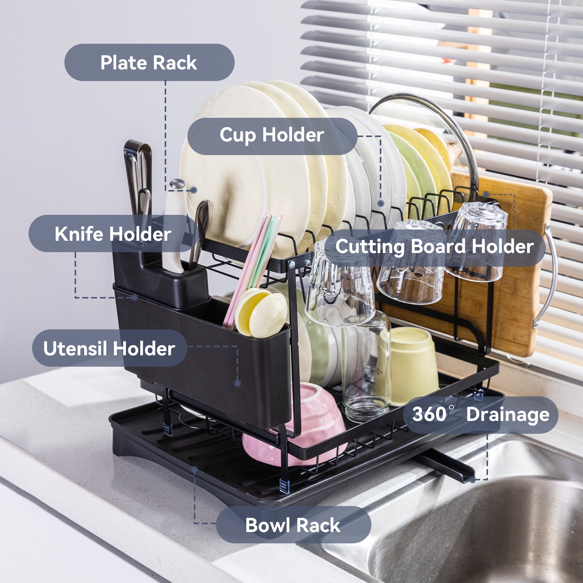 VUSIGN Metal 2-Tier Dish Drying Racks for Kitchen Counter and Sink, Dish Drying Rack with Utensil Holder, Cutting Board Holder, Black - Image 2