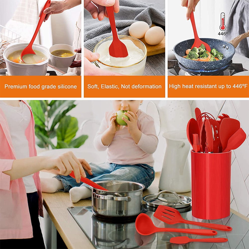 Walchoice 14 Pcs Cooking Utensils Set with Holder, Heat Resistant Silicone Kitchen Cookware Utensils Set, Kitchen Cooking Tools Includes Spatula Spoon Turner Whisk Tong, Dishwasher safe, Red - Image 4