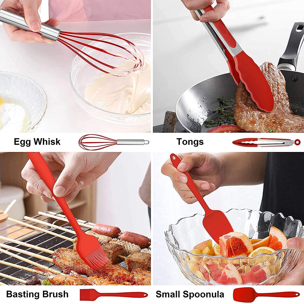 Walchoice 14 Pcs Cooking Utensils Set with Holder, Heat Resistant Silicone Kitchen Cookware Utensils Set, Kitchen Cooking Tools Includes Spatula Spoon Turner Whisk Tong, Dishwasher safe, Red - Image 2