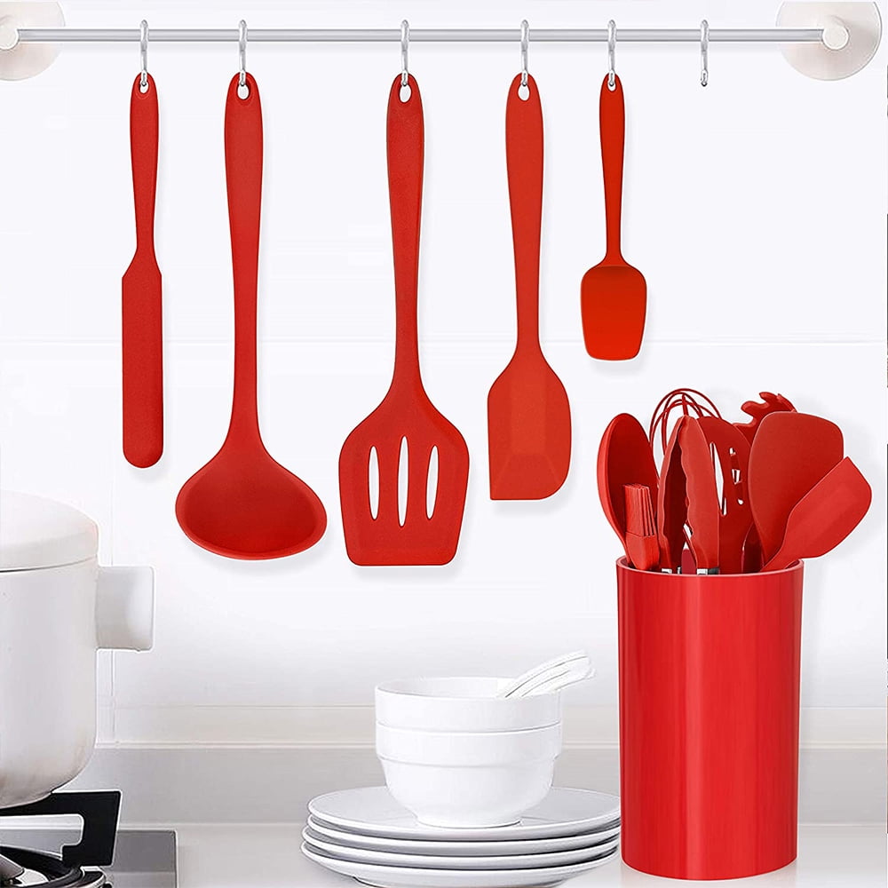Walchoice 14 Pcs Cooking Utensils Set with Holder, Heat Resistant Silicone Kitchen Cookware Utensils Set, Kitchen Cooking Tools Includes Spatula Spoon Turner Whisk Tong, Dishwasher safe, Red - Image 5
