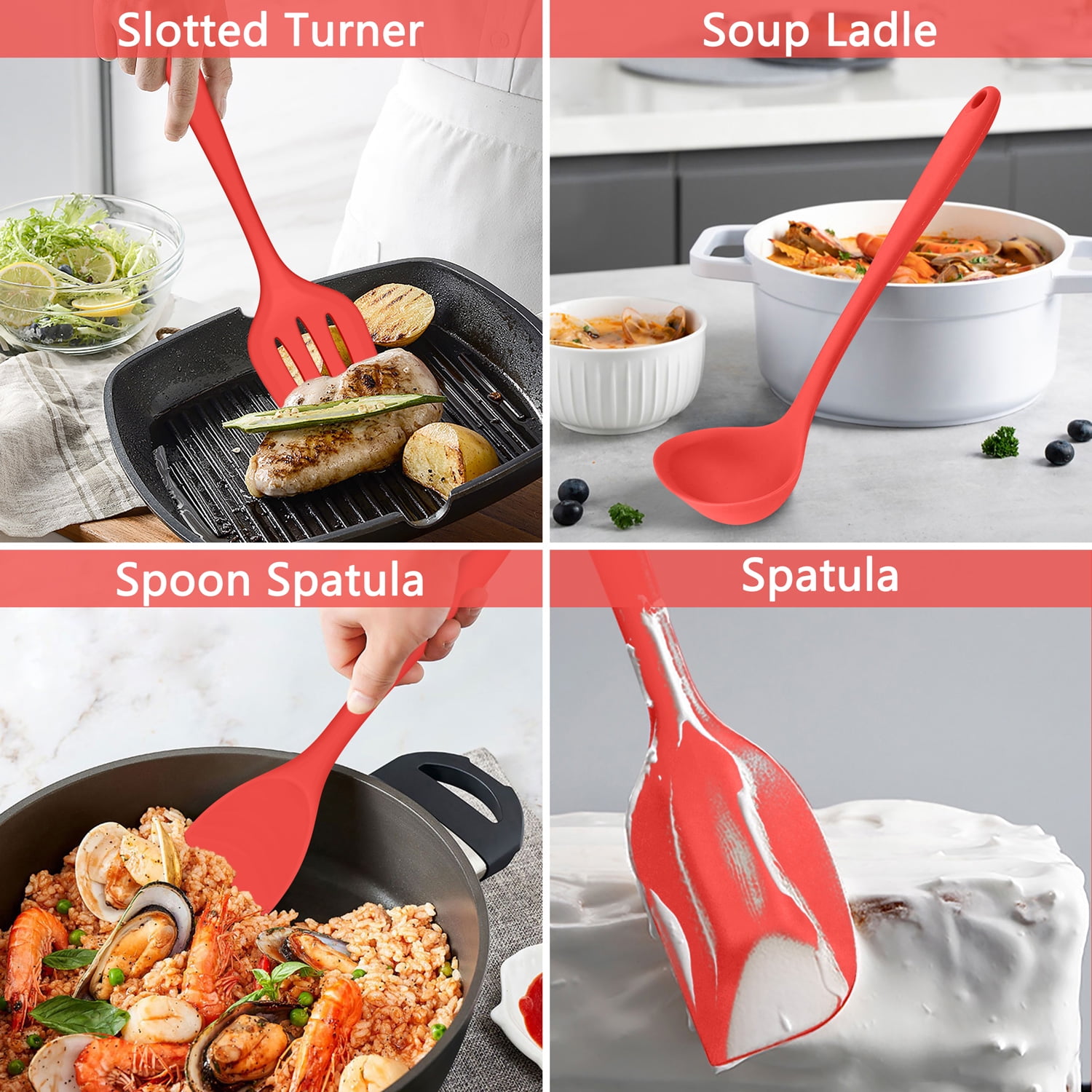 Walchoice 7-Piece Silicone Cooking Utensils Set, Red Kitchen Utensils, Non-stick Gadgets Tools Include Slotted Turner, Soup Ladle, Pasta Server - Image 5