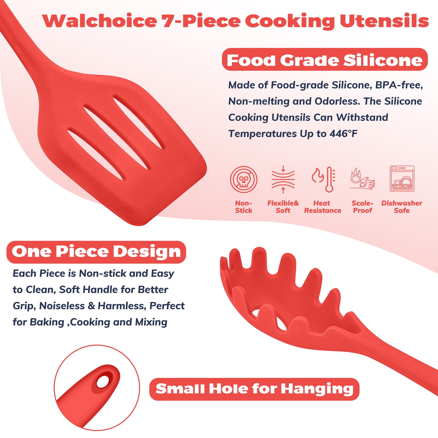 Walchoice 7-Piece Silicone Cooking Utensils Set, Red Kitchen Utensils, Non-stick Gadgets Tools Include Slotted Turner, Soup Ladle, Pasta Server - Image 4