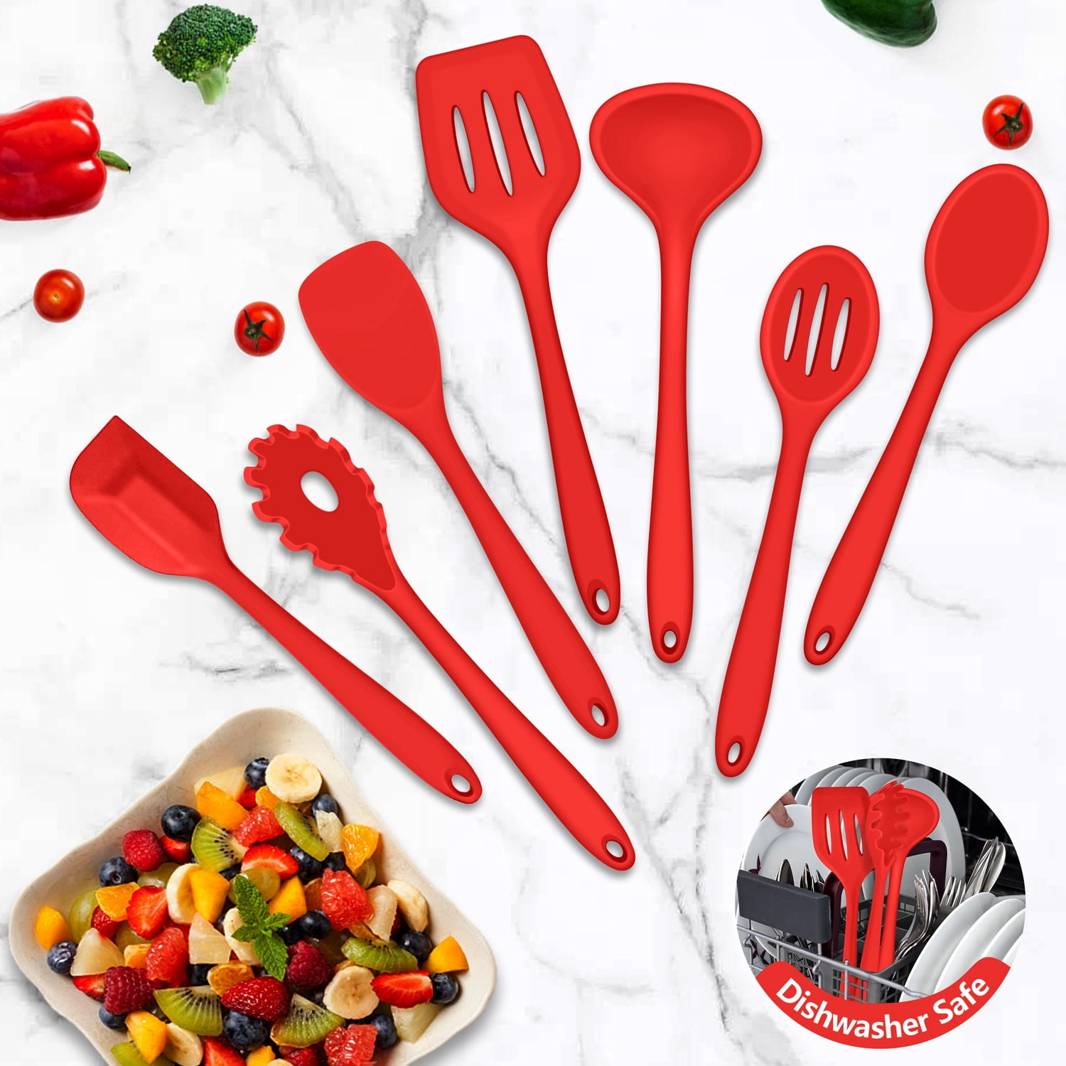 Walchoice 7-Piece Silicone Cooking Utensils Set, Red Kitchen Utensils, Non-stick Gadgets Tools Include Slotted Turner, Soup Ladle, Pasta Server - Image 2