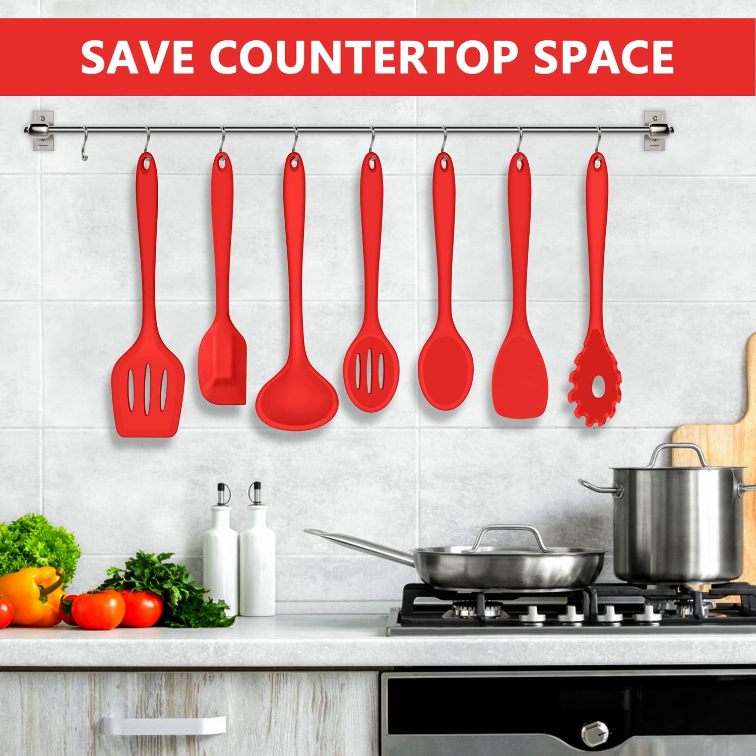 Walchoice 7-Piece Silicone Cooking Utensils Set, Red Kitchen Utensils, Non-stick Gadgets Tools Include Slotted Turner, Soup Ladle, Pasta Server - Image 3