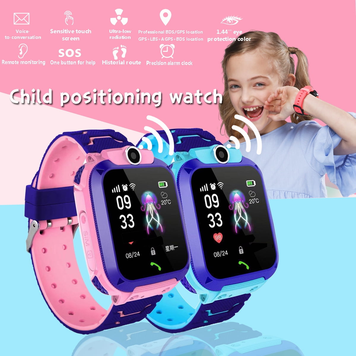 Waterproof 400mAh Anti-lost Smart Watch Kids Wristwatch Touch Screen GPRS Locator Tracking Anti-Lost SOS Call (Blue & Pink)