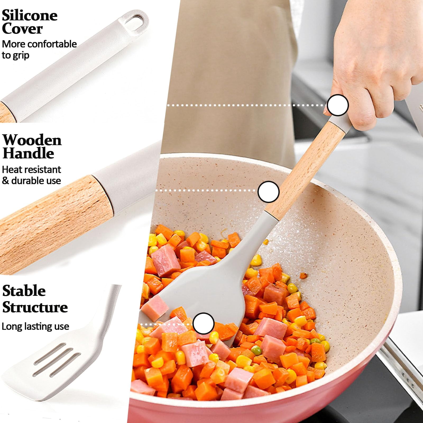 White Silicone Cooking Utensil Set 12-Pack for Nonstick Cookware, Heat Resistant BPA Free Rubber Kitchen Tools Set with Holder, Kitchen Spoons Set Utensilios de Cocina for Fish Eggs Pancakes - Image 5