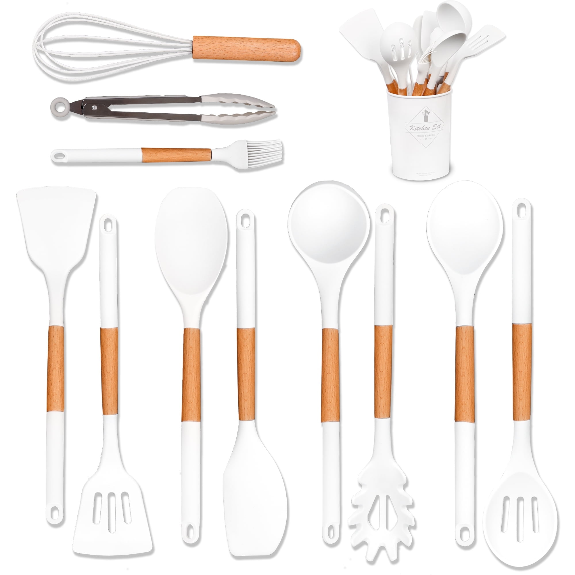 White Silicone Cooking Utensil Set 12-Pack for Nonstick Cookware, Heat Resistant BPA Free Rubber Kitchen Tools Set with Holder, Kitchen Spoons Set Utensilios de Cocina for Fish Eggs Pancakes