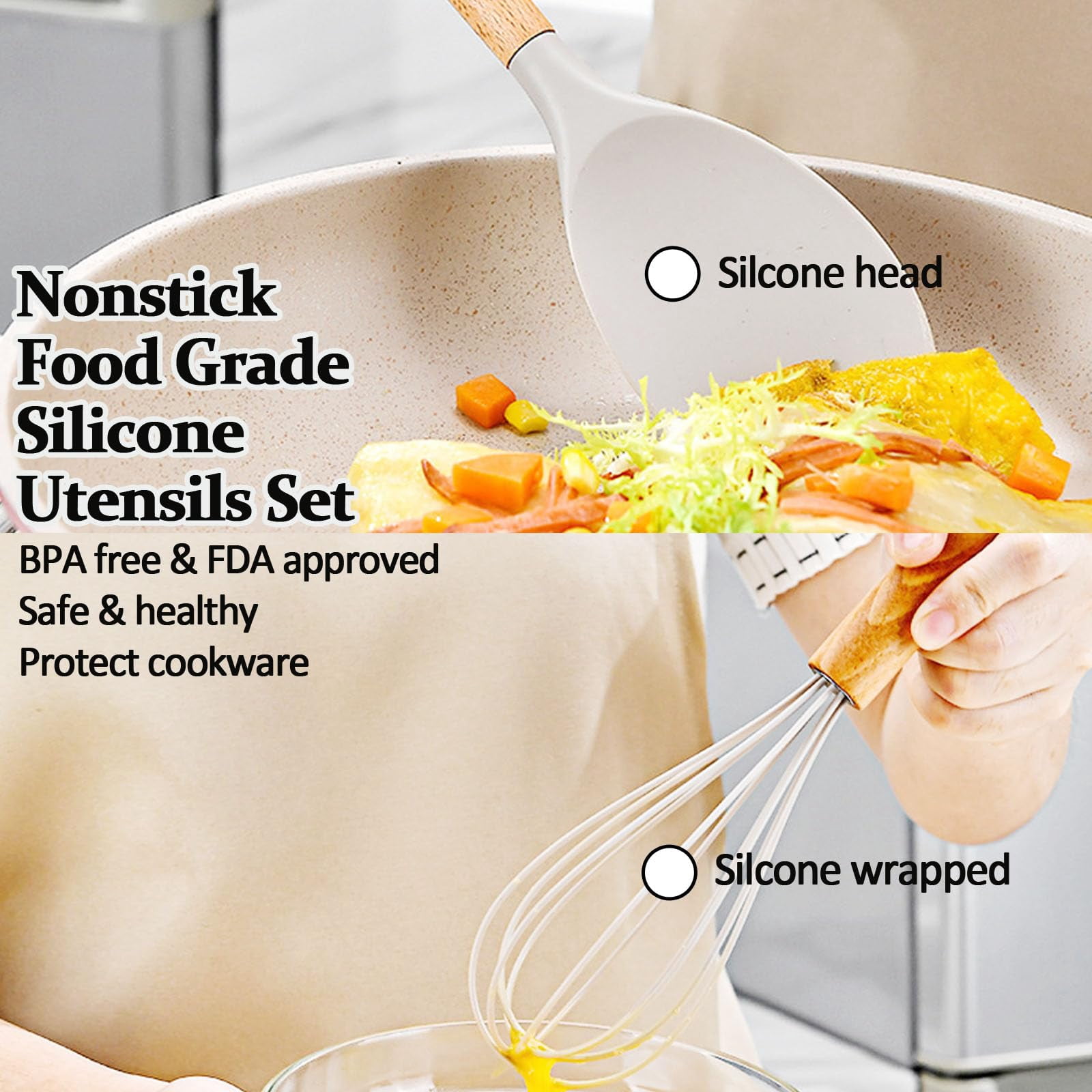 White Silicone Cooking Utensil Set 12-Pack for Nonstick Cookware, Heat Resistant BPA Free Rubber Kitchen Tools Set with Holder, Kitchen Spoons Set Utensilios de Cocina for Fish Eggs Pancakes - Image 3