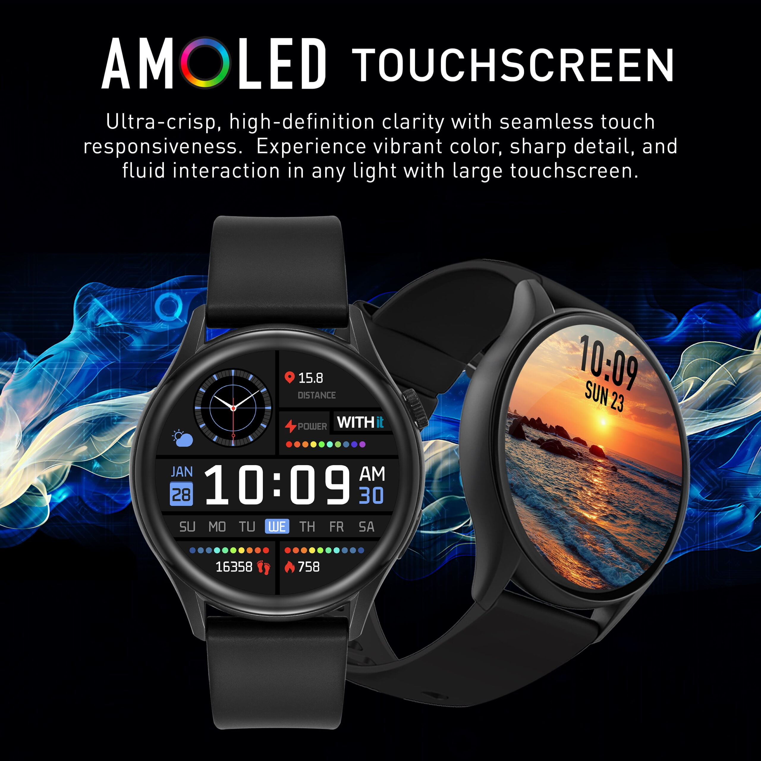 WITHit Unisex Deca Smartwatch with AMOLED Display, Black - Image 5