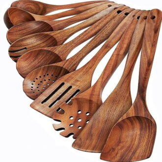 Wooden Kitchen Utensils Set, 10-Piece Natural Wood Cooking Spoons for Non-Stick Cookware