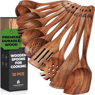 Wooden Spoons for Cooking, 10 Pcs Wooden Cooking Utensils Set – Wooden Utensil Set for Nonstick Pans & Cookware