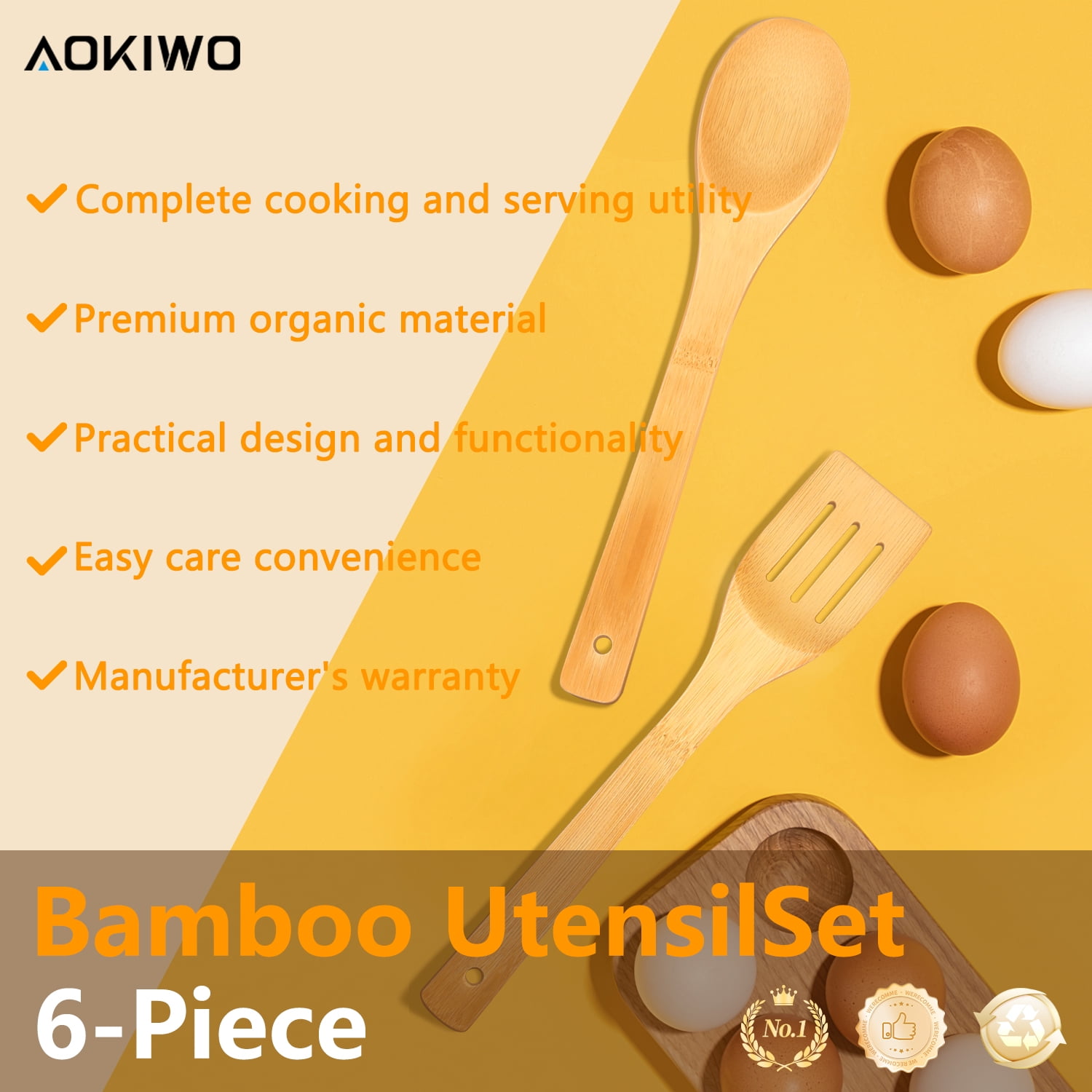 Wooden Spoons for Cooking, TAIMASI 6Pcs Banboo Spatula Spoon Tongs Utensils Set for Kitchen Cookware - Image 5