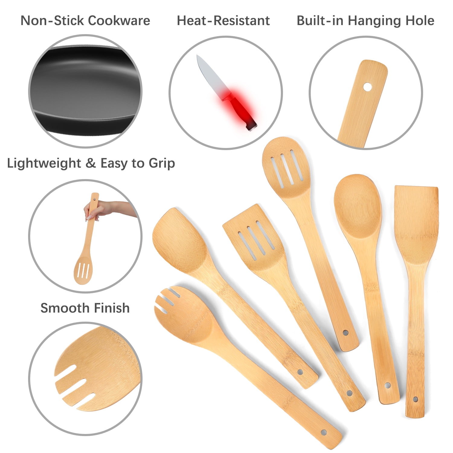 Wooden Spoons for Cooking, TAIMASI 6Pcs Banboo Spatula Spoon Tongs Utensils Set for Kitchen Cookware - Image 2