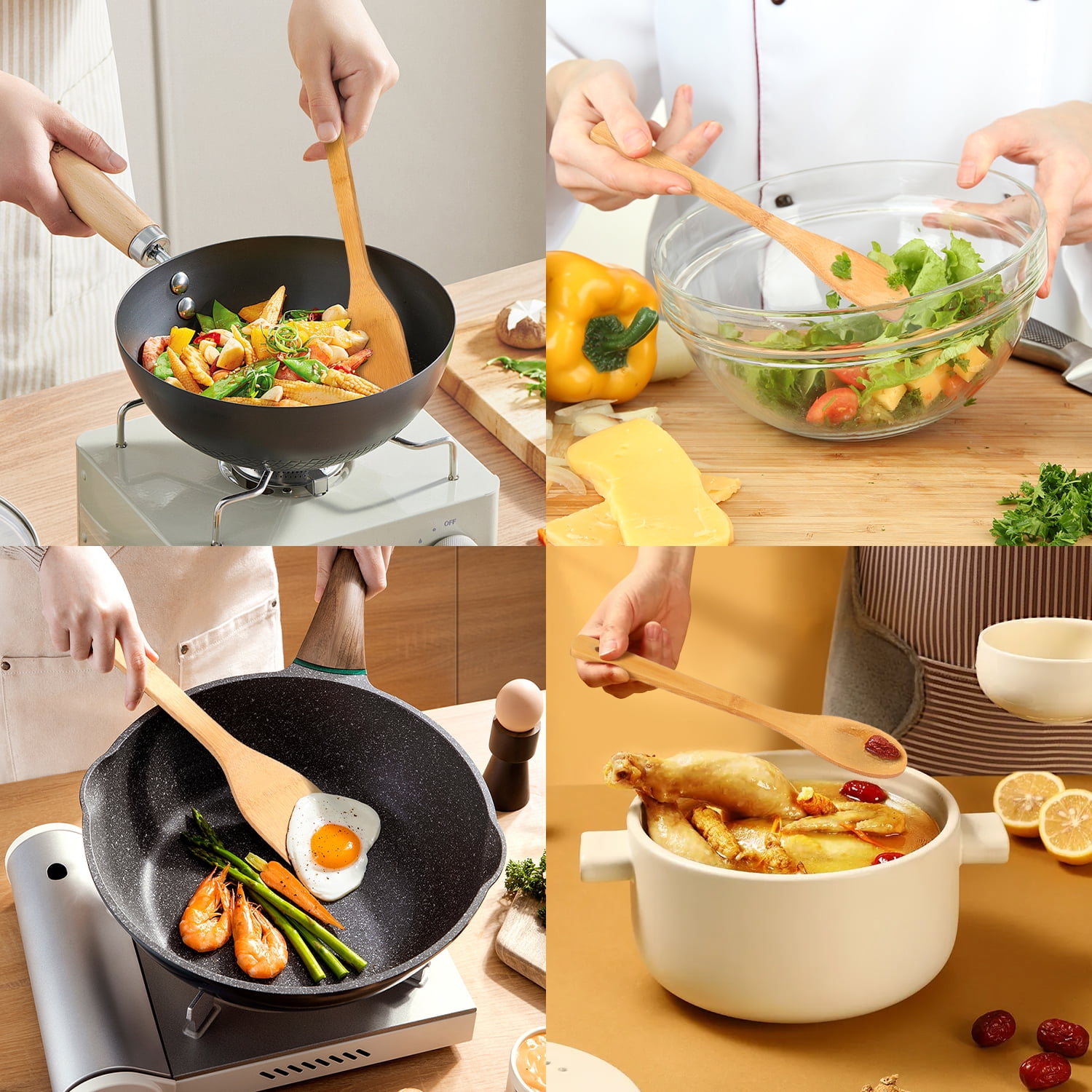 Wooden Spoons for Cooking, TAIMASI 6Pcs Banboo Spatula Spoon Tongs Utensils Set for Kitchen Cookware - Image 4