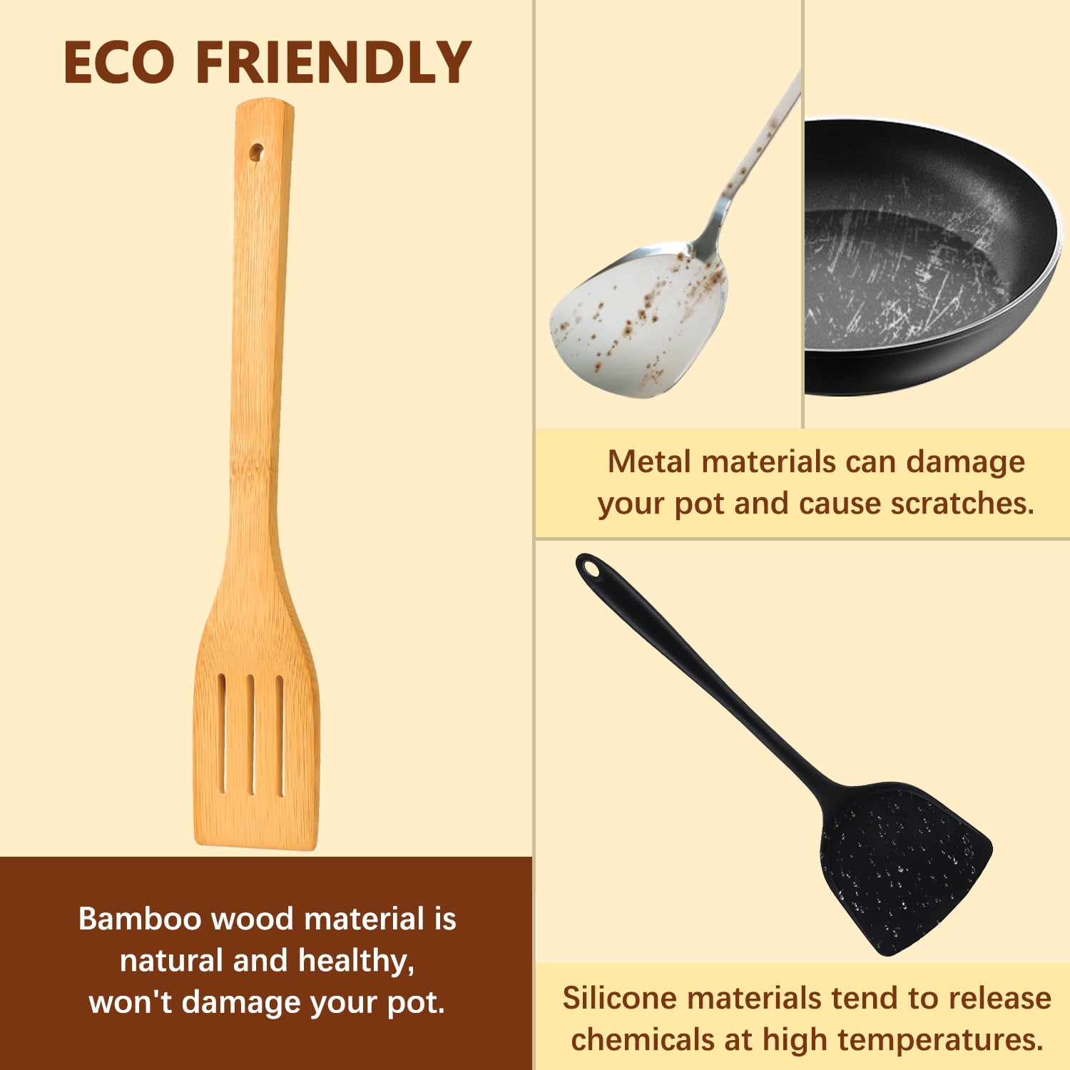 Wooden Spoons for Cooking, TAIMASI 6Pcs Banboo Spatula Spoon Tongs Utensils Set for Kitchen Cookware - Image 3