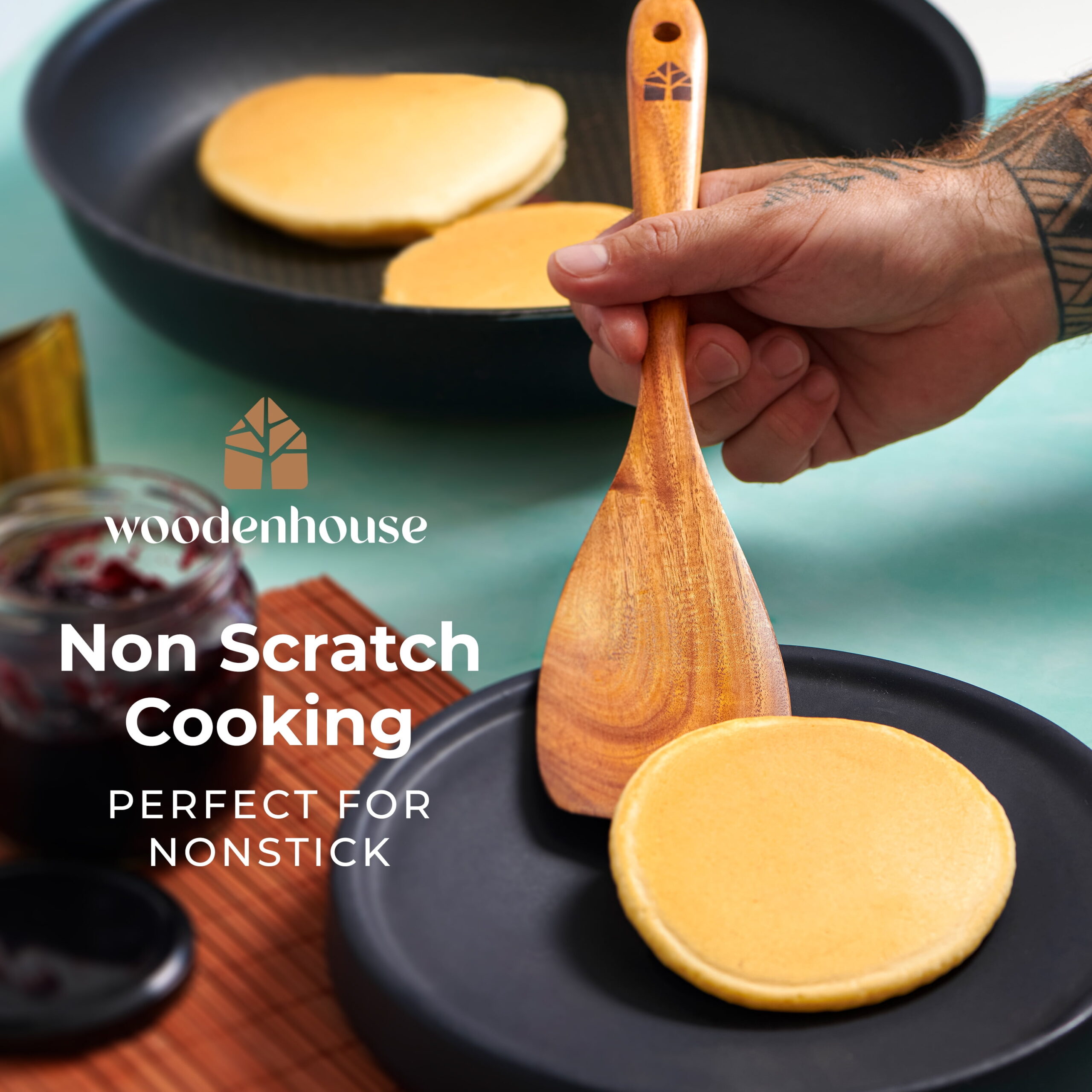 Wooden Utensils for Cooking, 8 piece Set with Holder, Perfect for Nonstick - Image 3