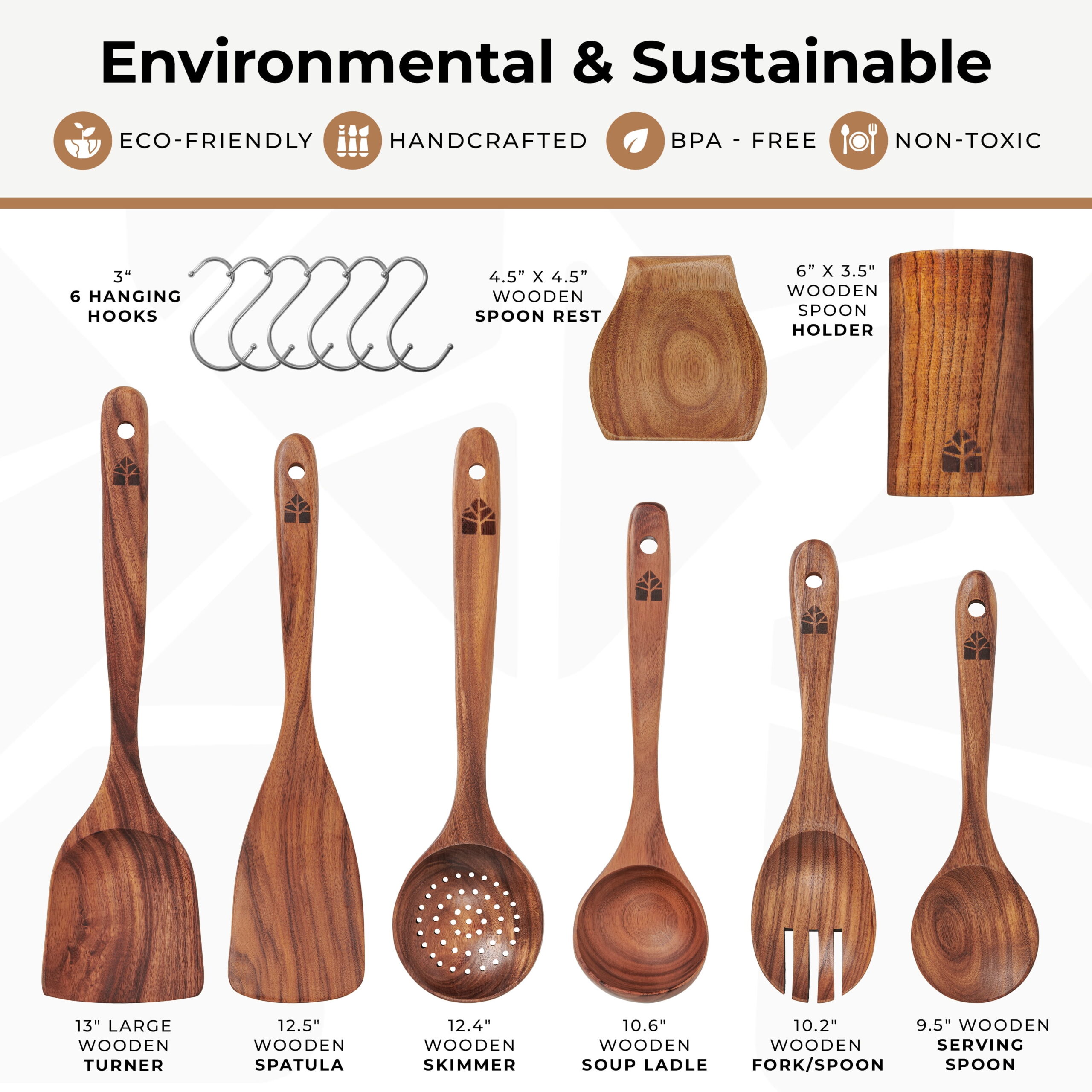 Wooden Utensils for Cooking, 8 piece Set with Holder, Perfect for Nonstick - Image 4