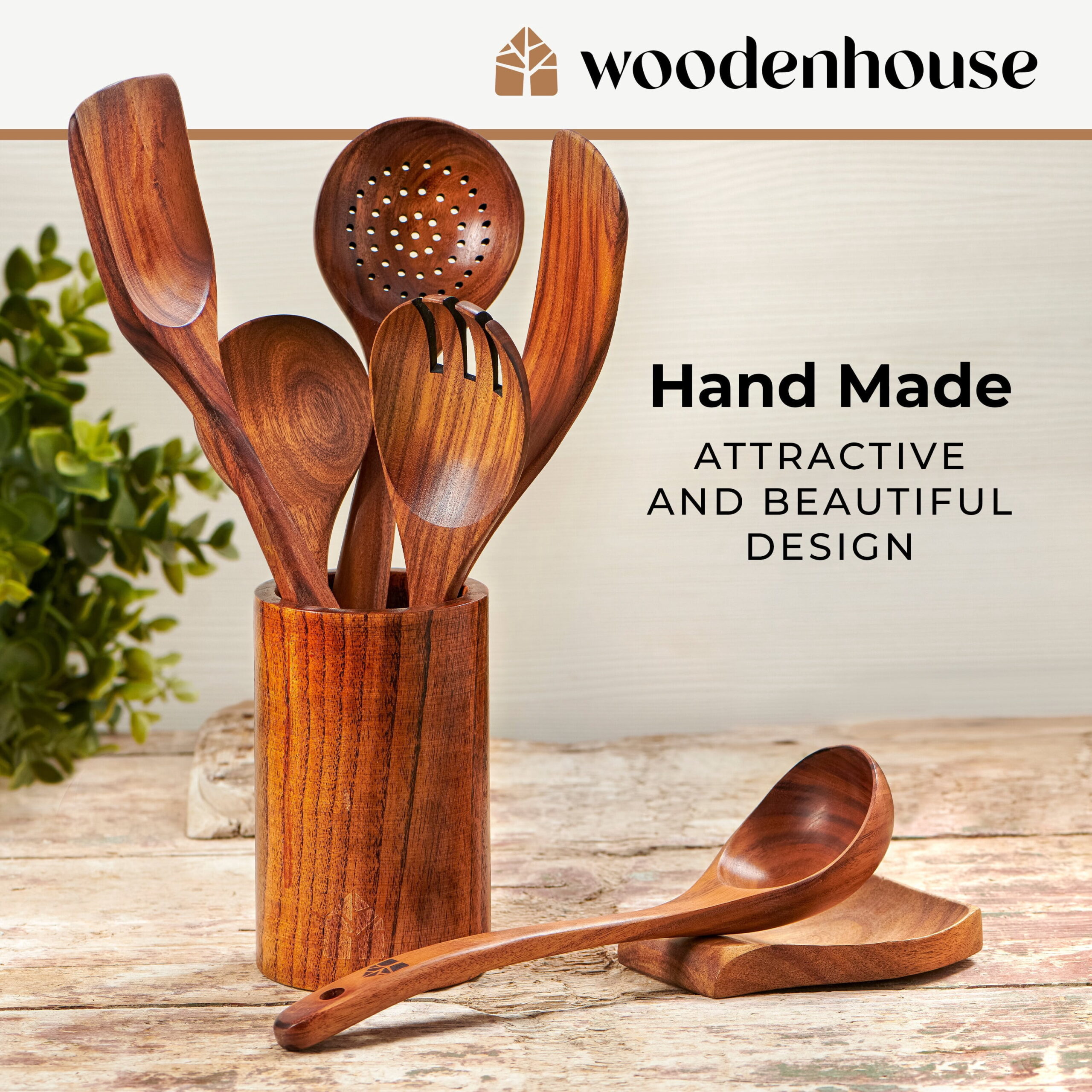 Wooden Utensils for Cooking, 8 piece Set with Holder, Perfect for Nonstick - Image 5