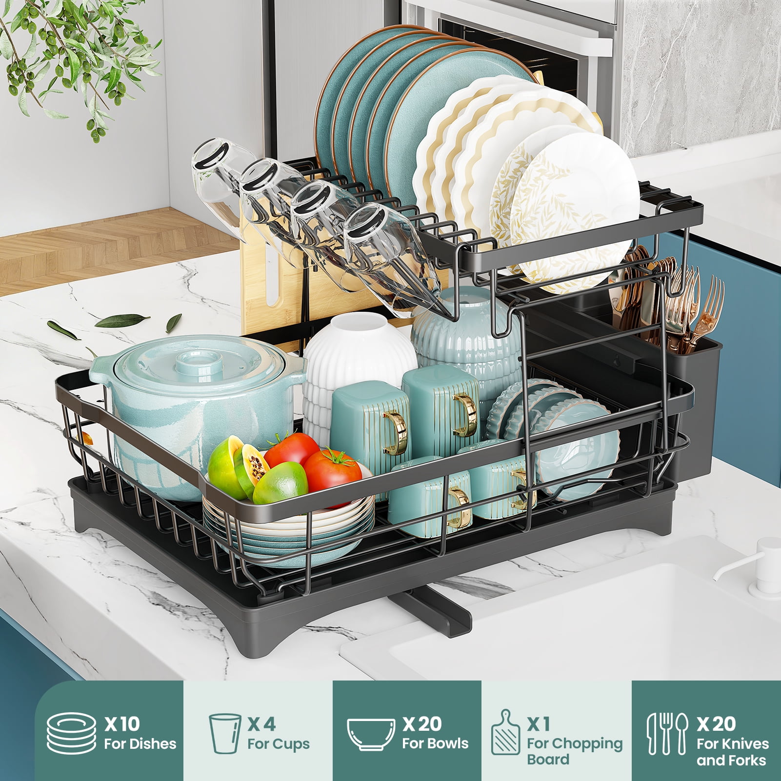 Yeabett 2 Tier Dish Drying Rack Stainless Steel,Dish Racks with Water Tray Dish Drainer for Kitchen Counter with Utensil & Cup Holder - Image 2