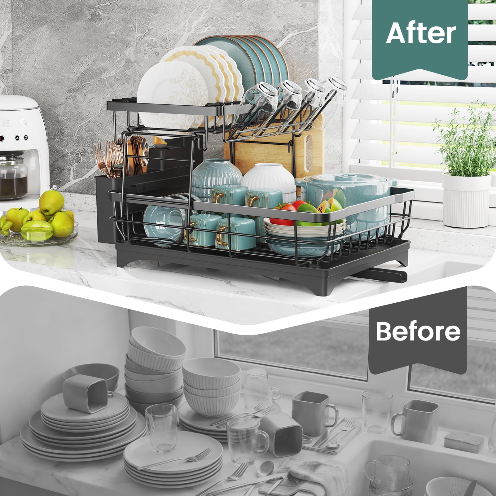 Yeabett 2 Tier Dish Drying Rack Stainless Steel,Dish Racks with Water Tray Dish Drainer for Kitchen Counter with Utensil & Cup Holder - Image 5