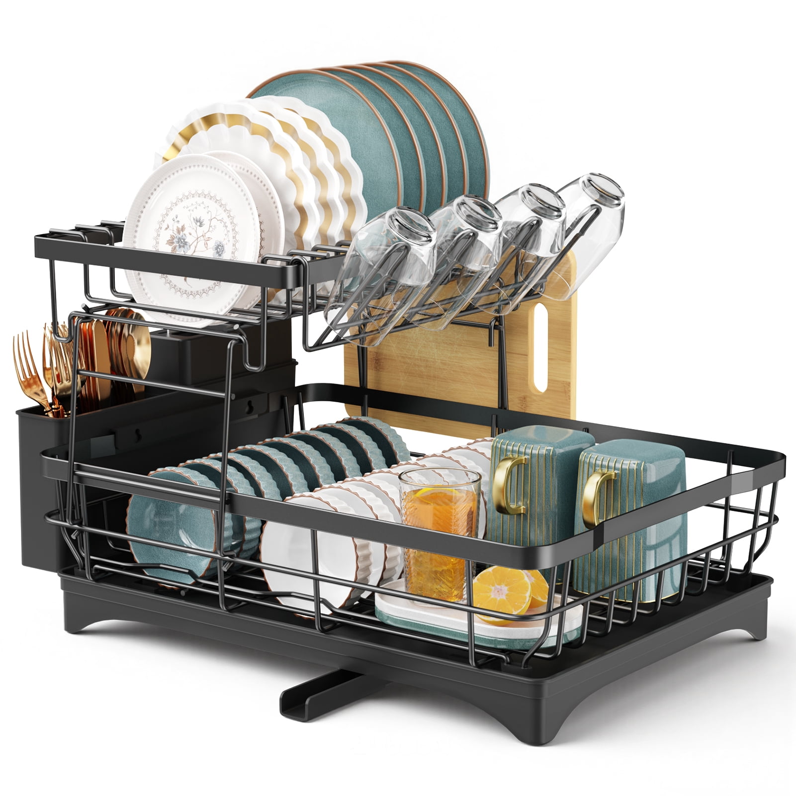 Yeabett 2 Tier Dish Drying Rack Stainless Steel,Dish Racks with Water Tray Dish Drainer for Kitchen Counter with Utensil & Cup Holder - Image 4