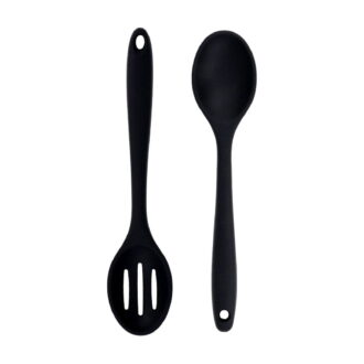 ZOURIH 2 Pack Silicone Spoons for Cooking, Heat Resistant Slotted Solid Silicone Kitchen Spoons Set,Black BPA Free Mixing Spoons Basting Spoon Stirring Spoon for Nonstick Cookware,Black